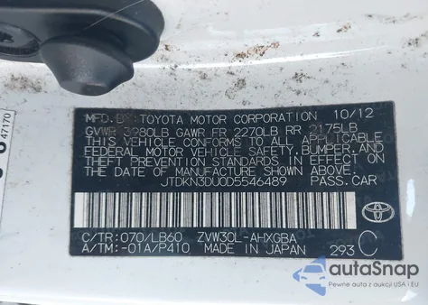 2013 Toyota Prius Four from USA, damaged, VIN JTDKN3DU0D5546489